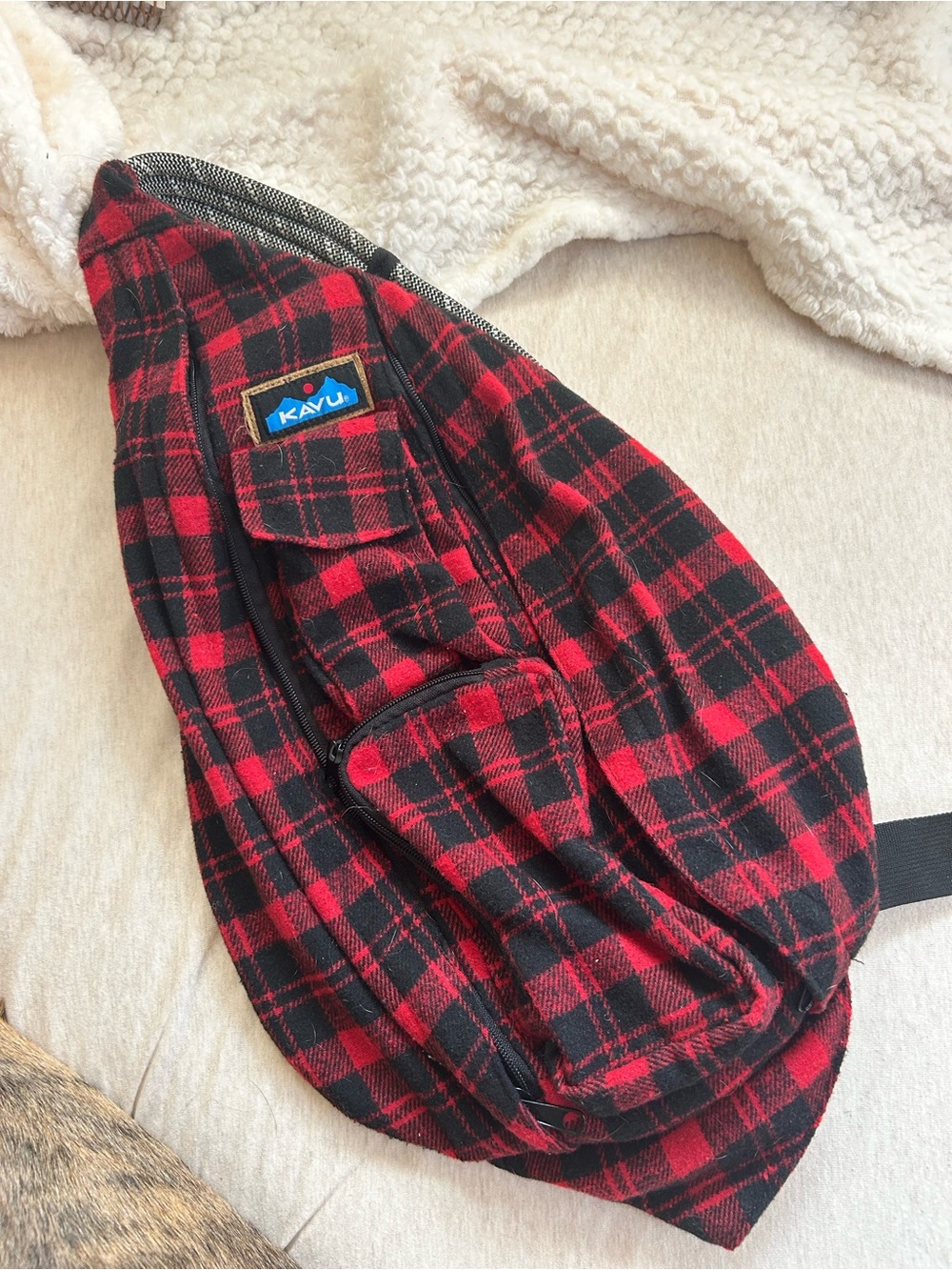 Kavu Red and Black Plaid Sling Backpack